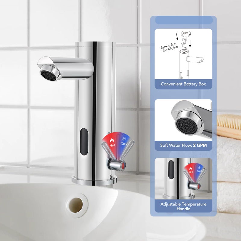 Fyeer Automatic Touchless Bathroom Sink Faucet Sensor Motion Activated Commercial Hands Free Single Tap Temperature Control Adjustable Handle Auto Basin Brass Faucets for Home Vanity Chrome Polished Finish - Image 3